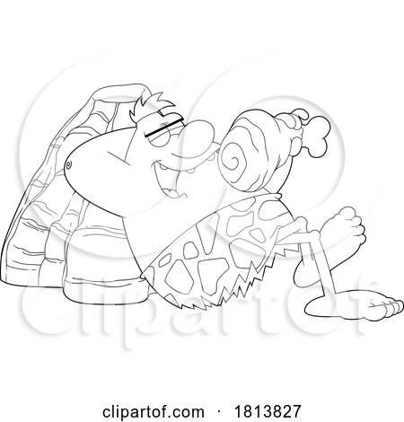 Caveman Eating Meat Licensed Black and White Cartoon Clipart by Hit Toon