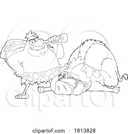 Caveman Boar Hunting Licensed Black and White Cartoon Clipart by Hit Toon