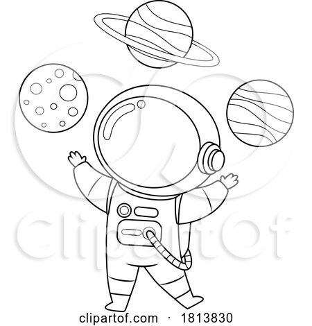 Astronaut with Planets Licensed Black and White Cartoon Clipart by Hit Toon