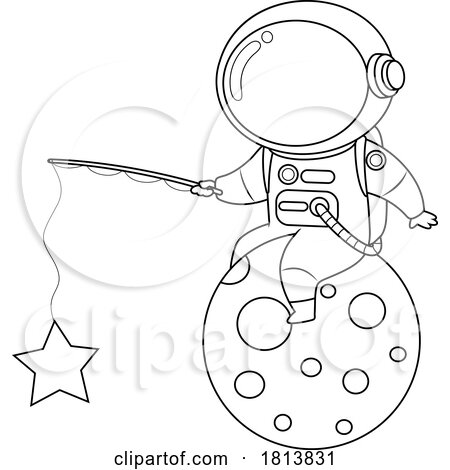 Astronaut Catching Stars from the Moon Licensed Black and White Cartoon Clipart by Hit Toon