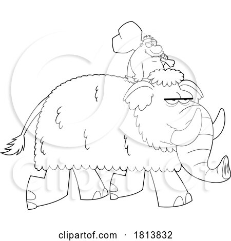 Caveman Riding a Mammoth Licensed Black and White Cartoon Clipart by Hit Toon