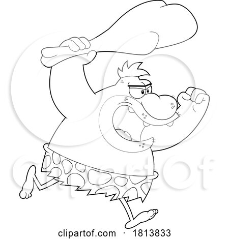 Caveman Chasing with a Club Licensed Black and White Cartoon Clipart by Hit Toon