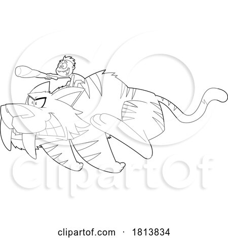 Caveman Boy Riding a Saber Tooth Tiger Licensed Black and White Cartoon Clipart by Hit Toon