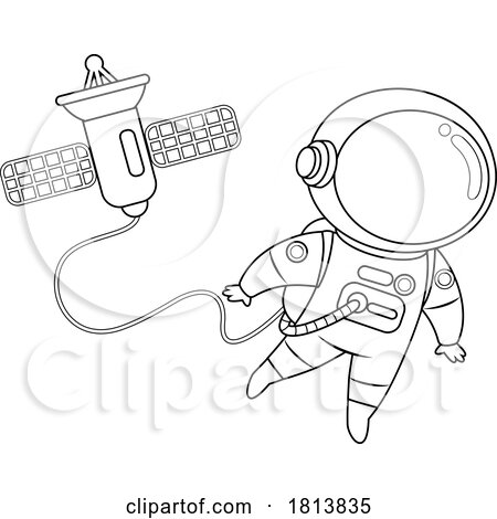 Astronaut on a Space Walk Licensed Black and White Cartoon Clipart by Hit Toon