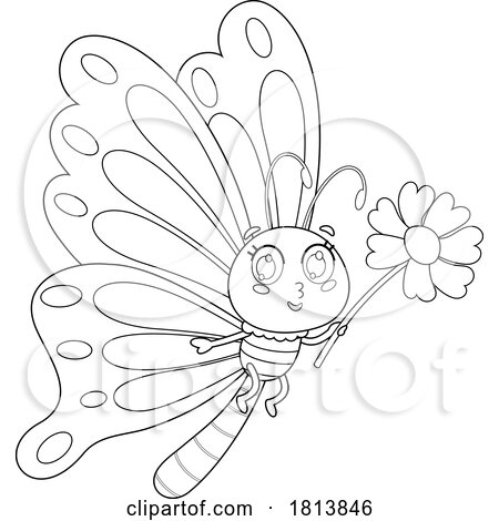 Butterfly with a Flower Licensed Black and White Cartoon Clipart by Hit Toon