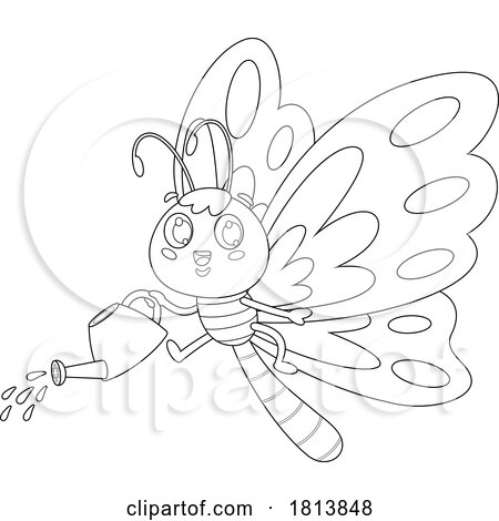 Butterfly with a Watering Can Licensed Black and White Cartoon Clipart by Hit Toon