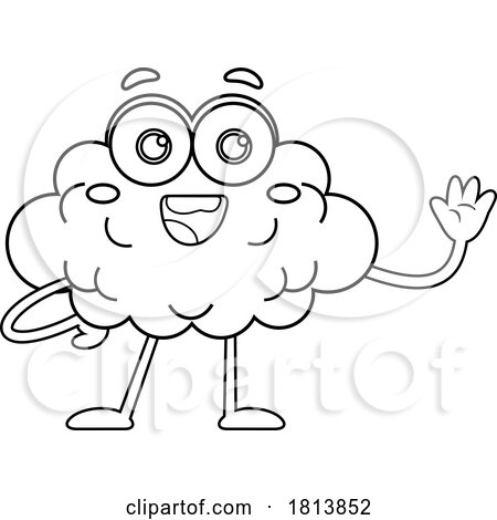 Waving Brain Mascot Licensed Black and White Cartoon Clipart by Hit Toon