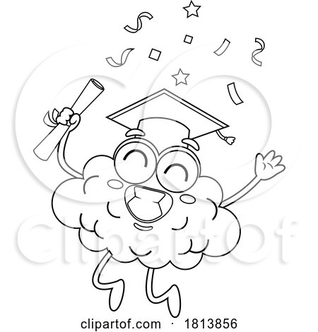 Graduate Brain Mascot Licensed Black and White Cartoon Clipart by Hit Toon