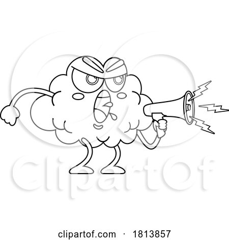 Brain Mascot Using a Megaphone Licensed Black and White Cartoon Clipart by Hit Toon