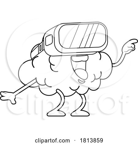 Brain Mascot Wearing VR Goggles Licensed Black and White Cartoon Clipart by Hit Toon