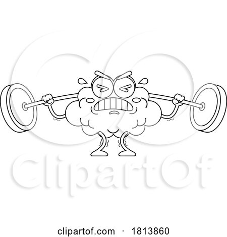 Brain Mascot Struggling with a Barbell Licensed Black and White Cartoon Clipart by Hit Toon