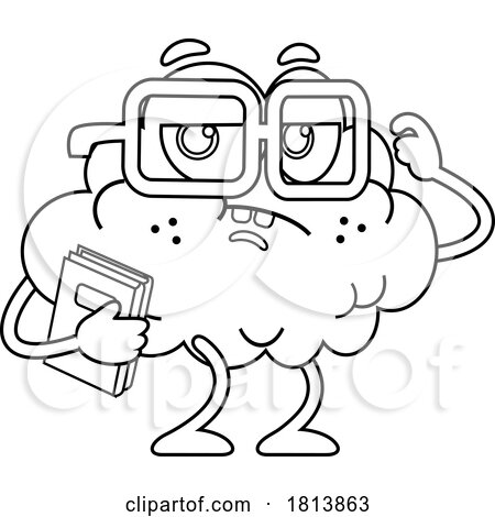 Thinking Brain Mascot Licensed Black and White Cartoon Clipart by Hit Toon