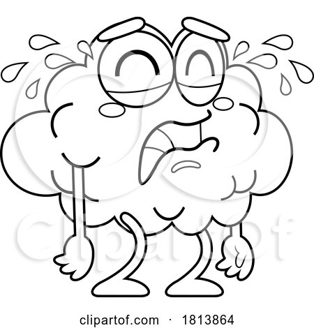 Crying Brain Mascot Licensed Black and White Cartoon Clipart by Hit Toon