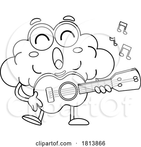 Brain Mascot Playing a Guitar and Singing Licensed Black and White Cartoon Clipart by Hit Toon