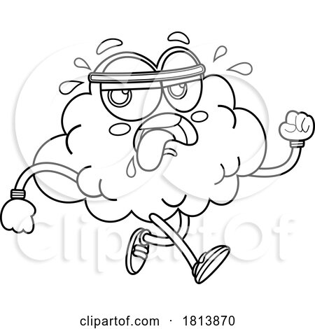 Jogging Brain Mascot Licensed Black and White Cartoon Clipart by Hit Toon