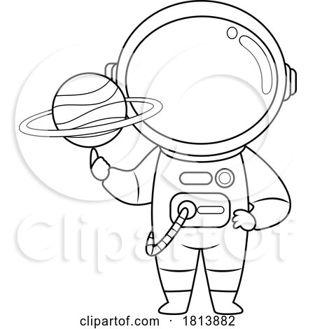 Astronaut Holding a Planet Licensed Black and White Cartoon Clipart by Hit Toon