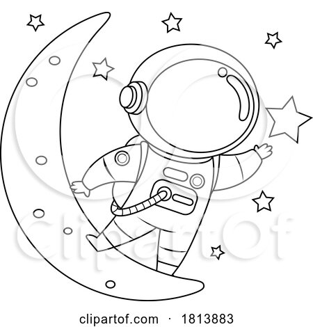 Astronaut Reaching for the Stars on the Moon Licensed Black and White Cartoon Clipart by Hit Toon