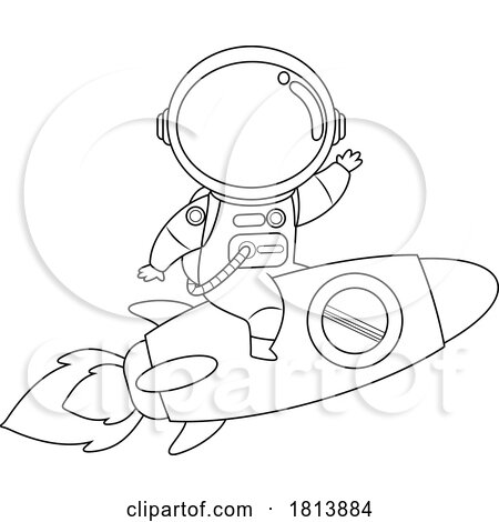 Astronaut on a Rocket Licensed Black and White Cartoon Clipart by Hit Toon