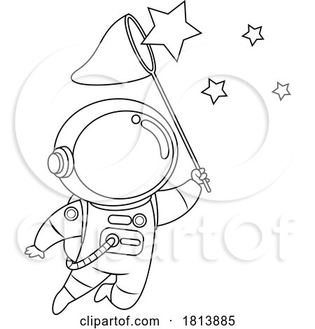 Astronaut Catching Stars Licensed Black and White Cartoon Clipart by Hit Toon