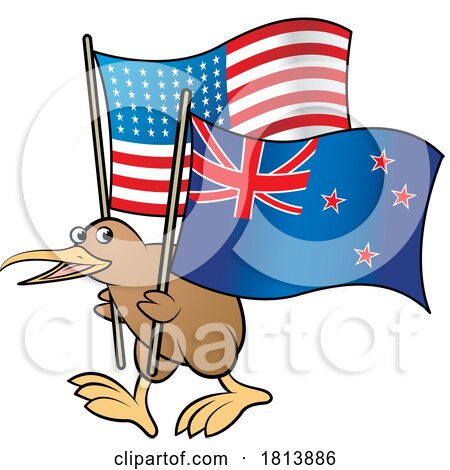 Kiwi Bird Holding New Zealand and USA Flags by Lal Perera