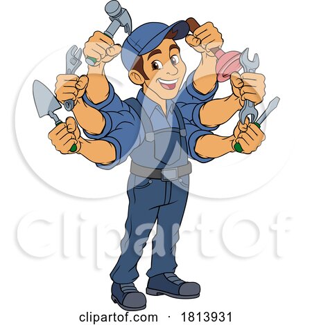 Handyman Cartoon Handy Man Caretaker Multitasking by AtStockIllustration