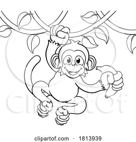 Monkey Singing on Jungle Vines with Banana Cartoon by AtStockIllustration