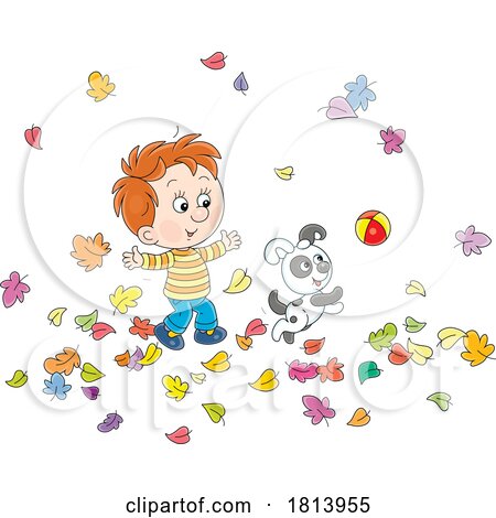 Boy Playing in Autumn with His Dog Licensed Cartoon Clipart by Alex Bannykh