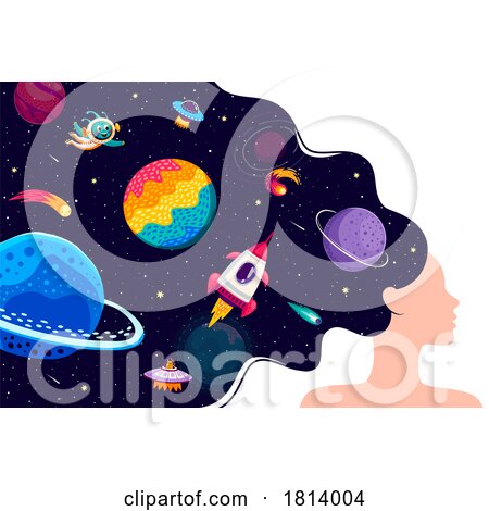 Woman with Outer Space Scenes Instead of Hair Licensed Clipart Illustration by Vector Tradition SM