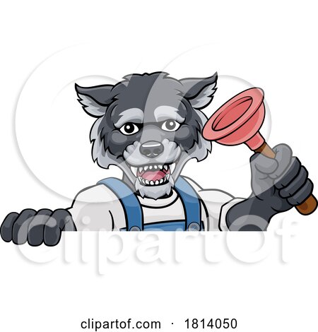 Wolf Plumber Cartoon Mascot Holding Plunger by AtStockIllustration