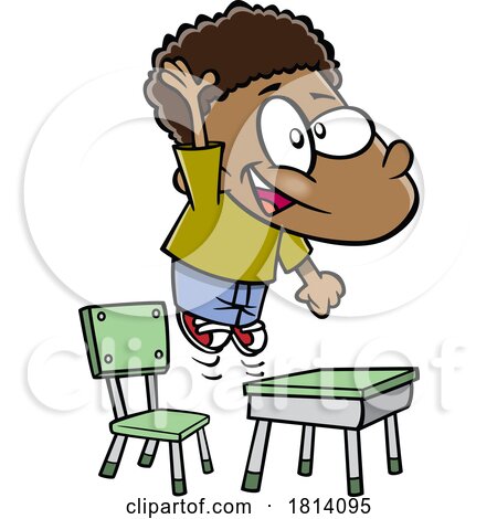 Cartoon Enthusiastic Boy Raising His Hand and Jumping at His Desk Licensed Stock Image by toonaday