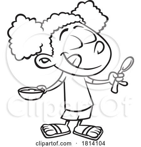 Cartoon Girl Enjoying Pudding Licensed Black and White Stock Image by toonaday