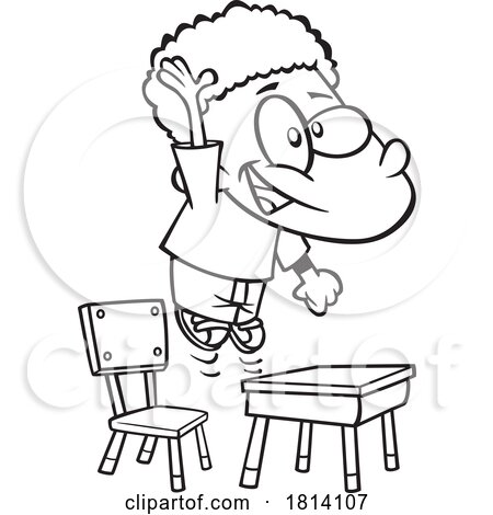 Cartoon Enthusiastic Boy Raising His Hand and Jumping at His Desk Licensed Black and White Stock Image by toonaday