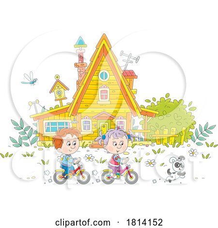 Cartoon Kids Riding Bikes in a Yard Licensed Stock Image by Alex Bannykh