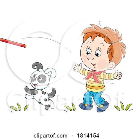 Cartoon Boy and Puppy Playing Fetch Licensed Stock Image by Alex Bannykh