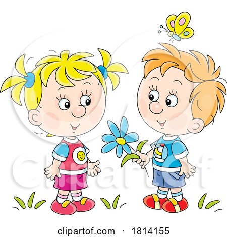 Cartoon Boy Giving a Girl a Flower Licensed Stock Image by Alex Bannykh