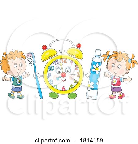 Cartoon Kids with a Clock Toothbrush and Toothpaste Licensed Stock Image by Alex Bannykh