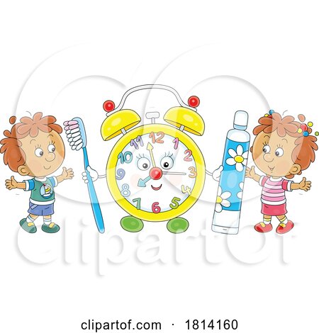 Cartoon Kids with a Clock Toothbrush and Toothpaste Licensed Stock Image by Alex Bannykh