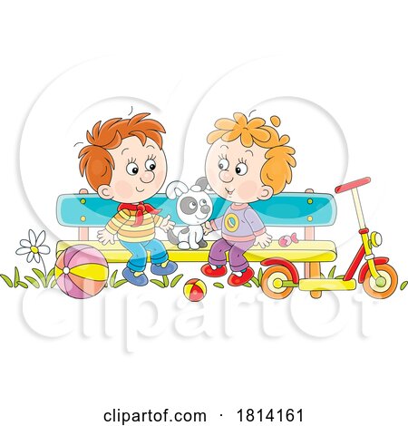 Cartoon Boys and Puppy on a Park Bench Licensed Stock Image by Alex Bannykh