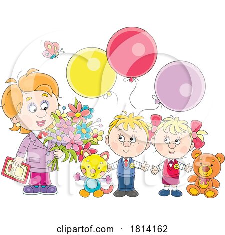 Cartoon Kids Gifting a Mom or Teacher with Balloons and a Card Licensed Stock Image by Alex Bannykh