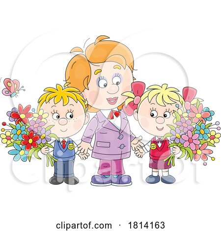 Cartoon Kids Gifting a Mom or Teacher with Balloons and a Card Licensed Stock Image by Alex Bannykh