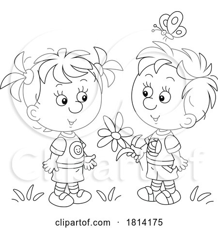 Cartoon Boy Giving a Girl a Flower Licensed Stock Image by Alex Bannykh