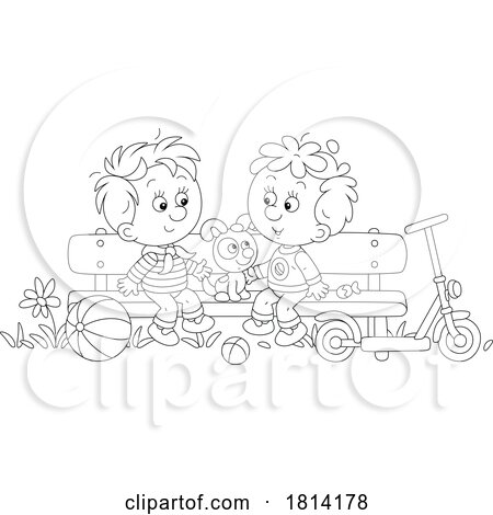 Cartoon Boys and Puppy on a Park Bench Licensed Stock Image by Alex Bannykh