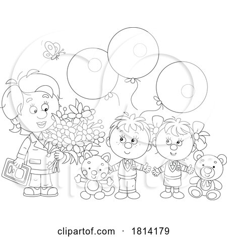 Cartoon Kids Gifting a Mom or Teacher with Balloons and a Card Licensed Stock Image by Alex Bannykh