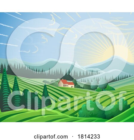 Fields Hills Farm House Landscape Background by AtStockIllustration