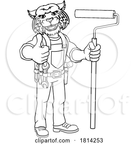 Wildcat Painter Decorator Paint Roller Mascot Man by AtStockIllustration