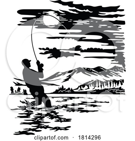 Angler Fly Fishing in Madison River Yellowstone National Park Montana Scherenschnitte Paper Cut Style by patrimonio