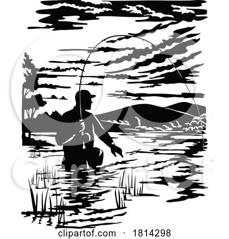 Angler Fly Fishing in Rock Creek Montana USA Scherenschnitte Paper Cut Style by patrimonio