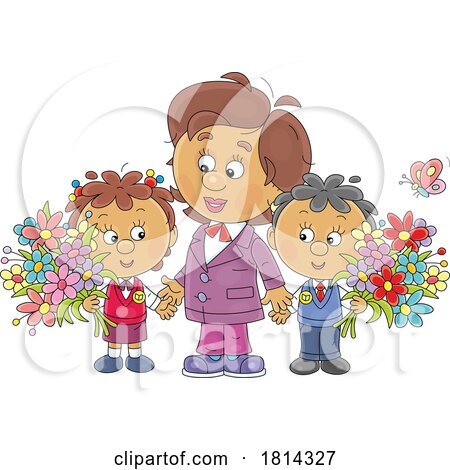 School Children with Flowers and Teacher Licensed Stock Image by Alex Bannykh