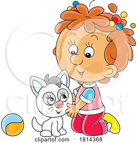 Cartoon Girl Playing with a Kitten by Alex Bannykh