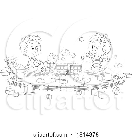 Cartoon Boys and Puppy Playing with a Toy Train by Alex Bannykh